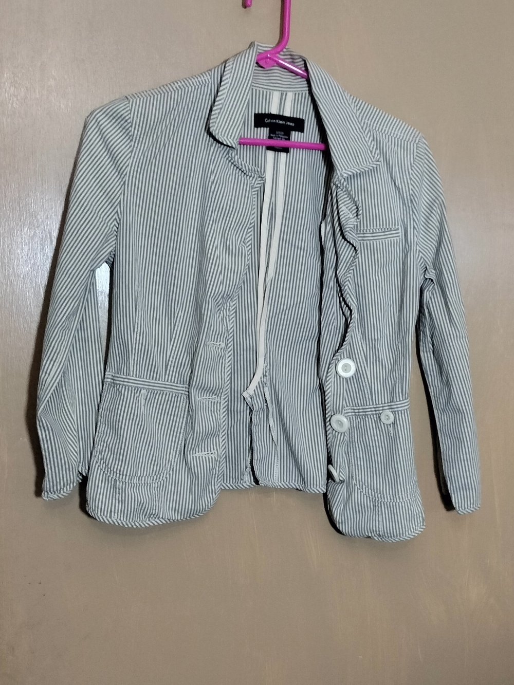 Calvin Klein Black and White Striped Cotton-Blend Blazer
